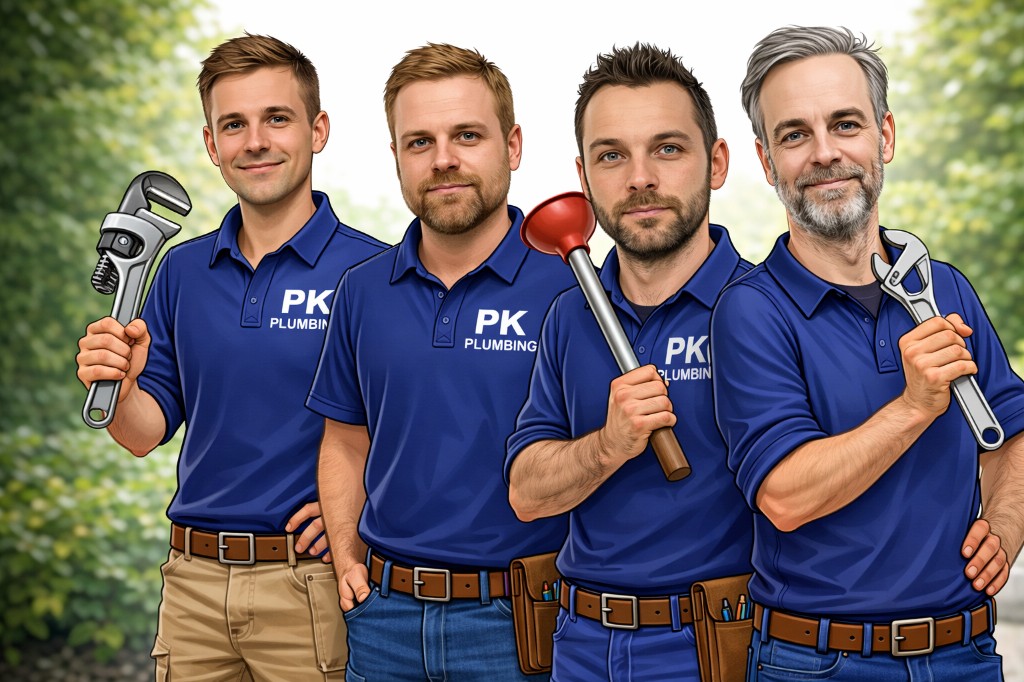 Illustrated caricature of some of the PK Plumbing team in company uniform